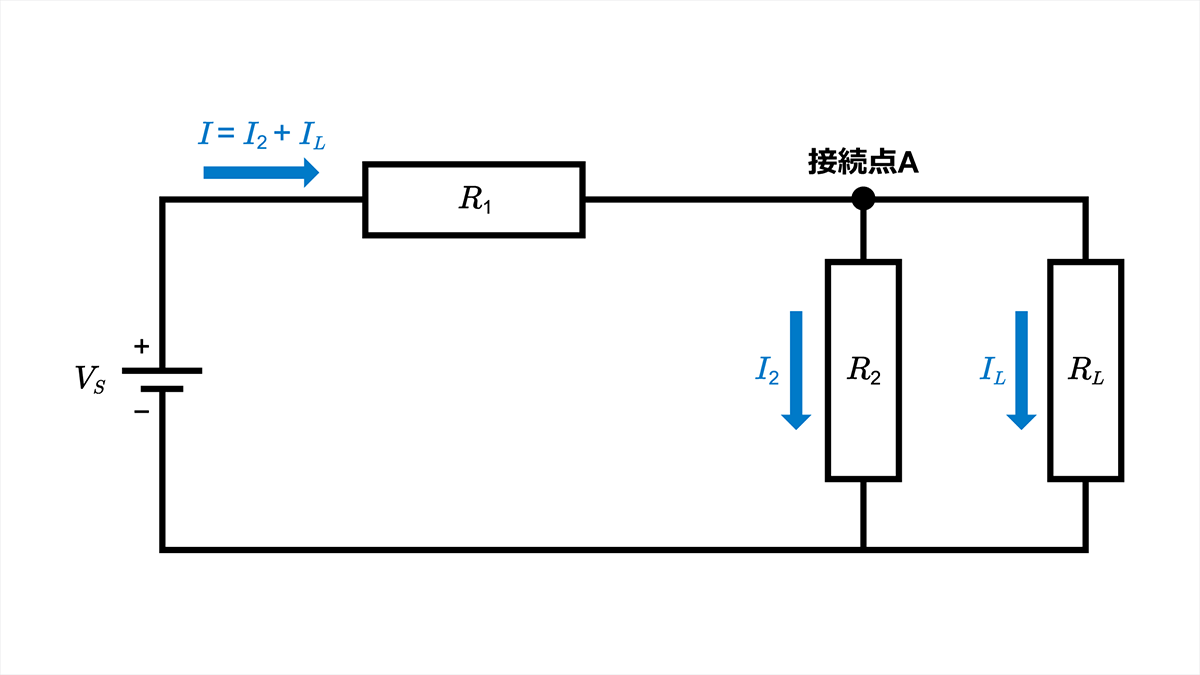 接続点Aで電流が分岐する回路。R1とR2だけを単純な直列として扱えない。