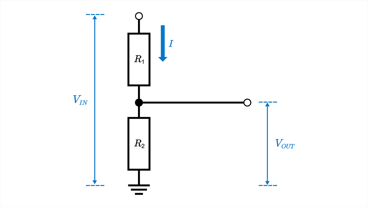 抵抗分圧回路。VOUTはR2の両端電圧として取り出す。