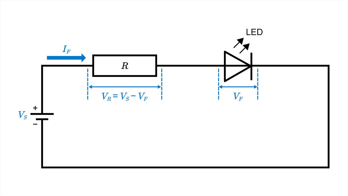 表示用LEDの直列抵抗回路。抵抗RにはVS-VFの電圧が加わる。